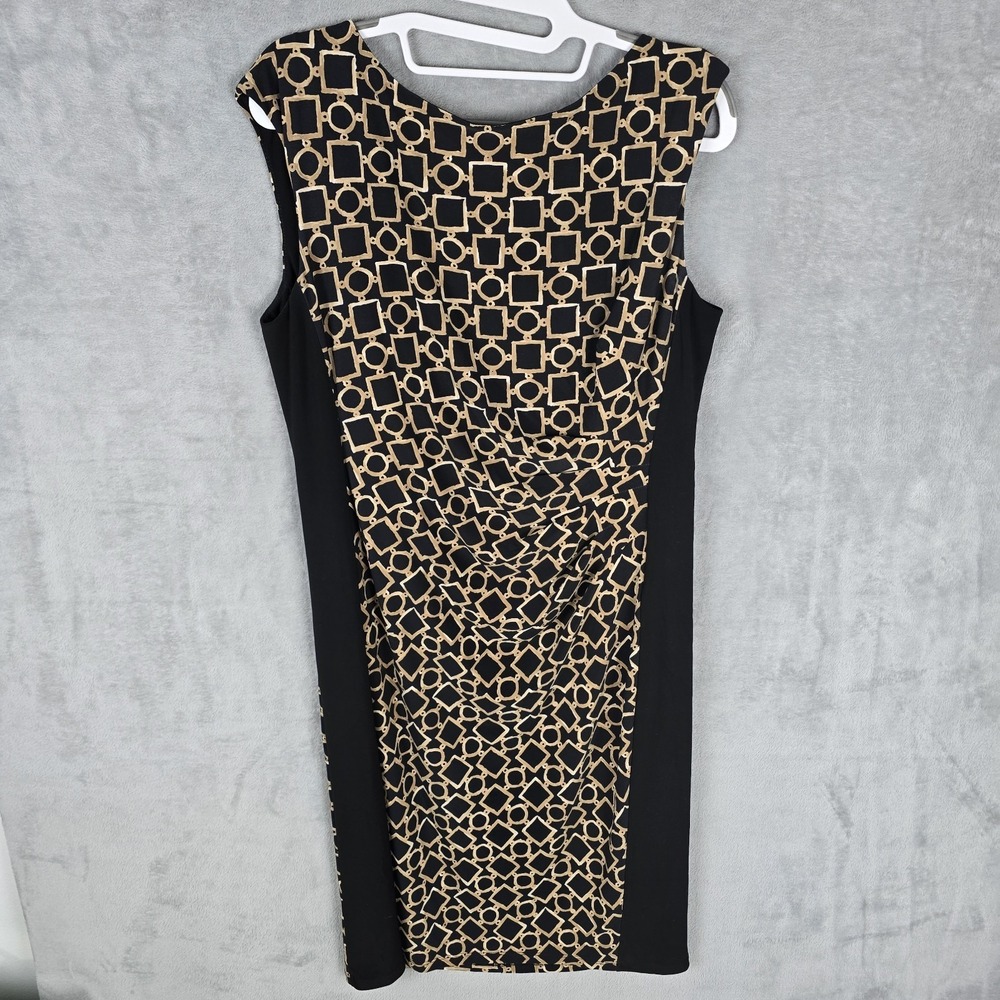 Lauren Ralph Lauren Geometric‎ Chain Print Ruched Sheath Dress Black Tan Size 14